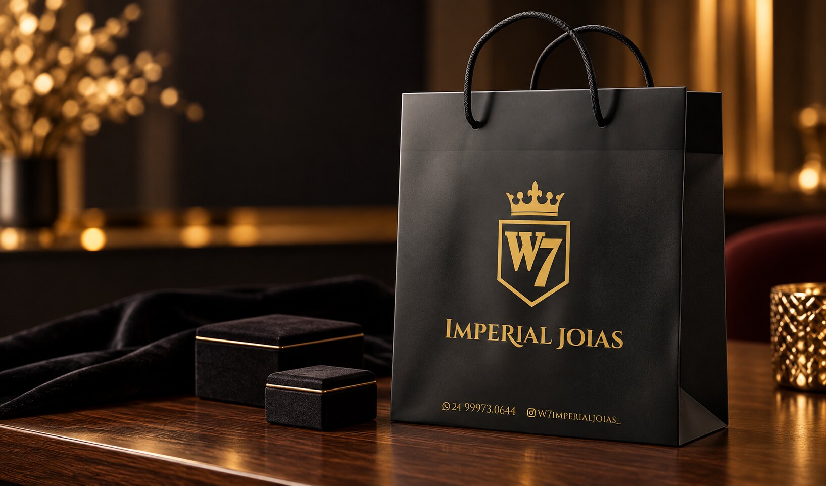 Sacola premium preta e dourada da W7 Imperial Joias